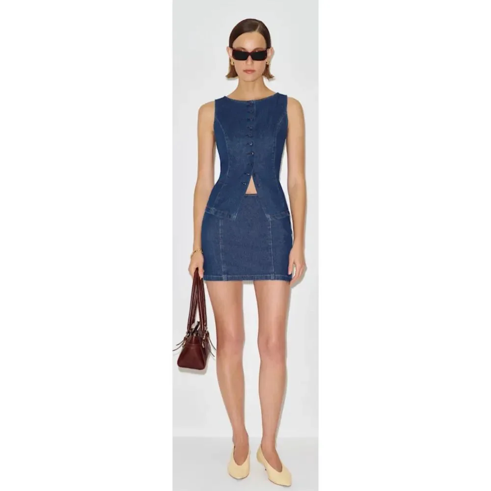 Reformation Lina Denim Two Piece Vest & Mini Skirt Set Size 4